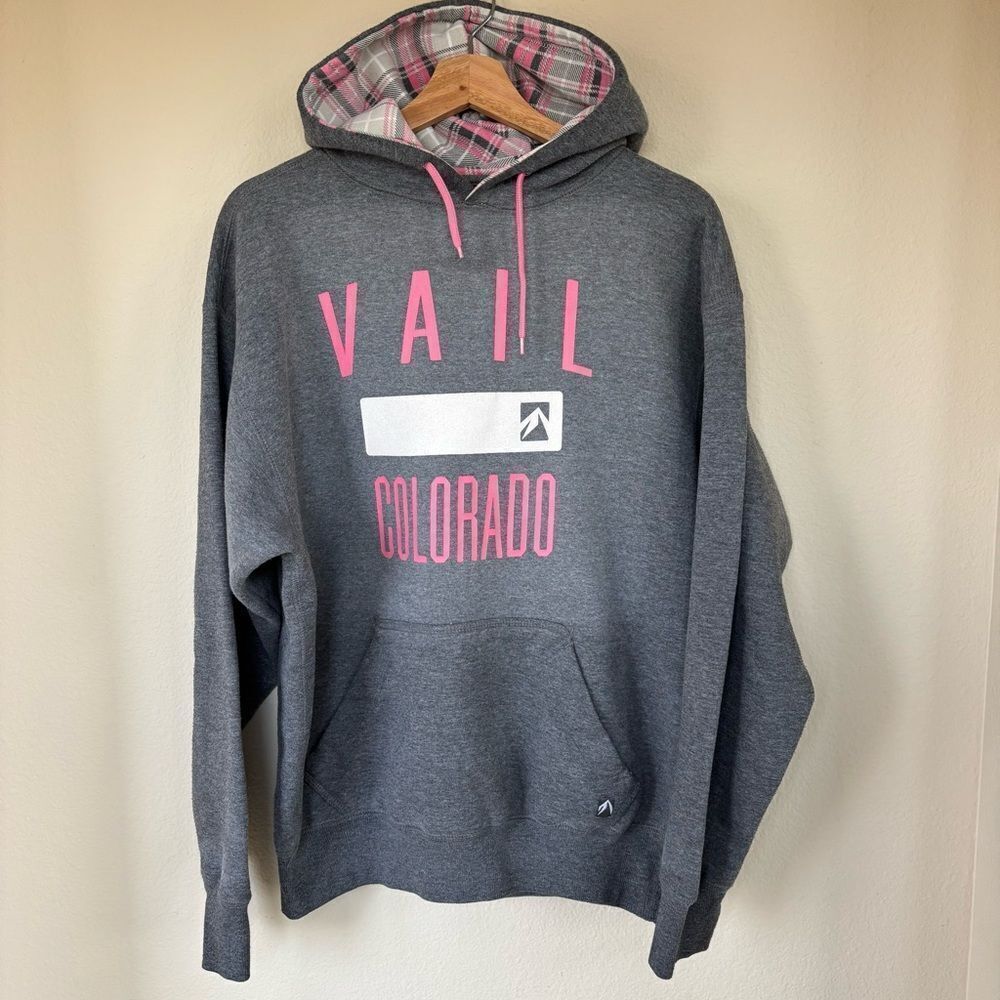 Vail Colorado Sweatshirt pink & gray plaid hoodie Medium Vintage